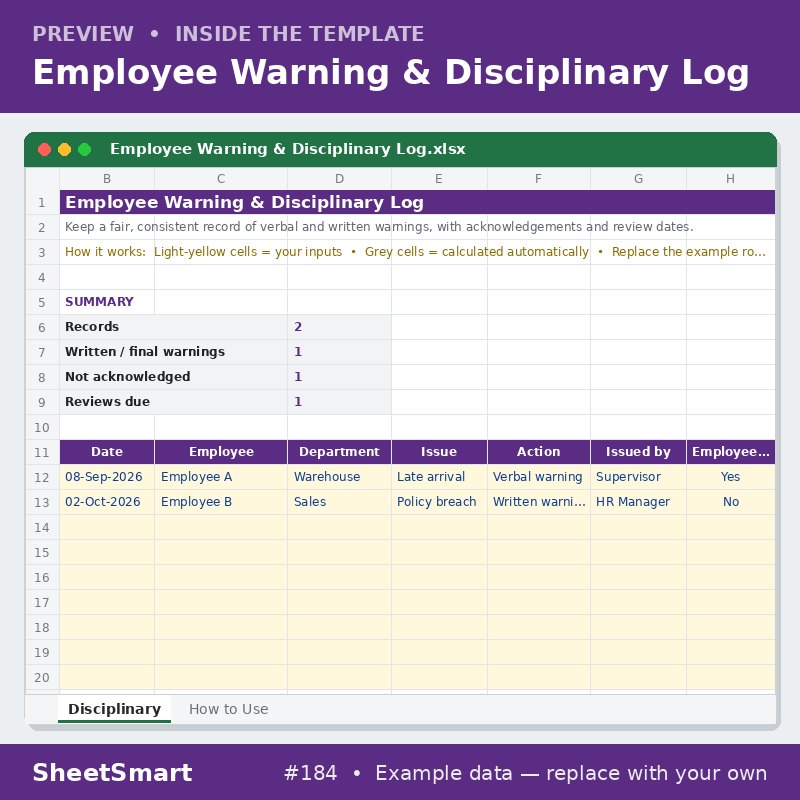Employee Warning & Disciplinary Log – sheet preview