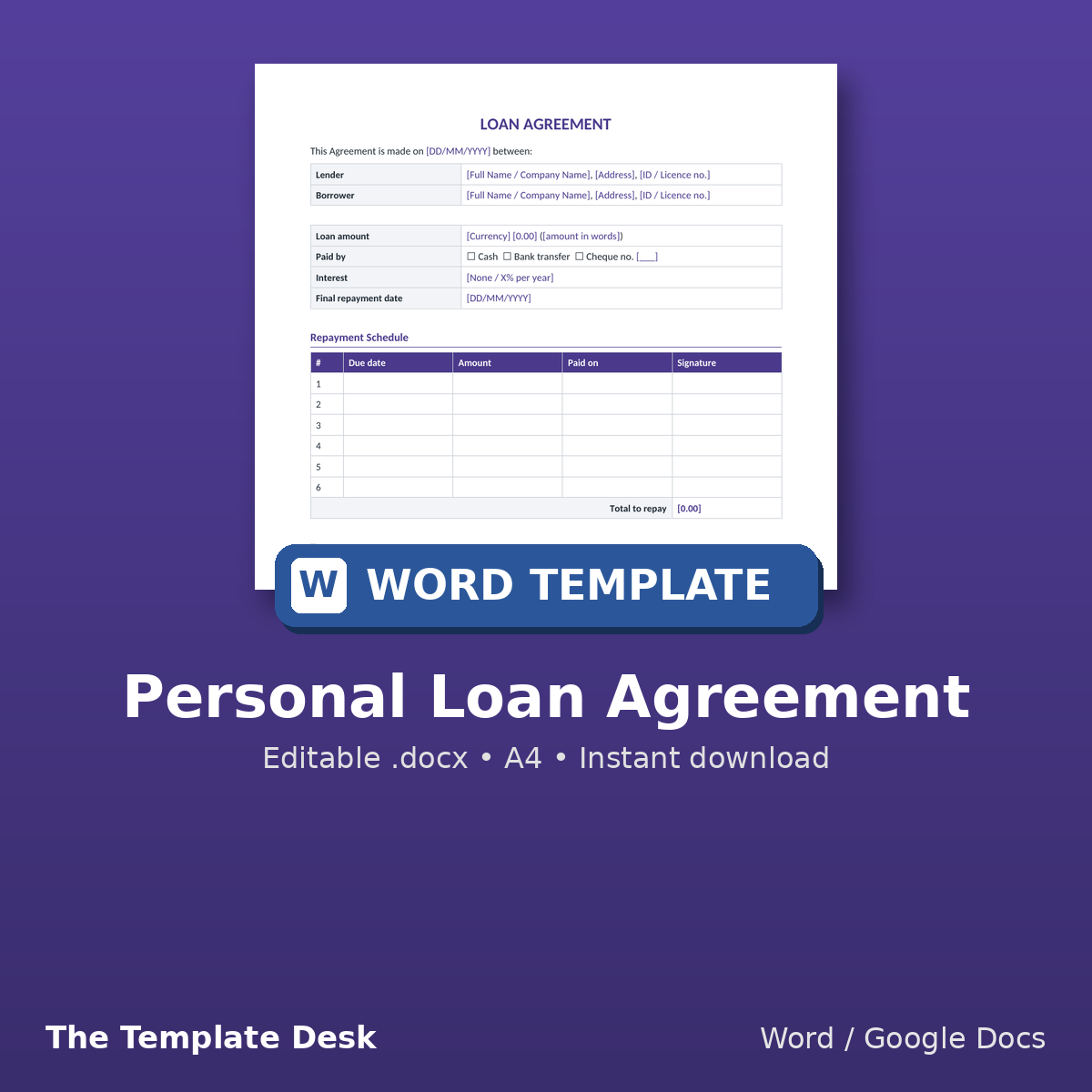 Personal Loan Agreement – cover