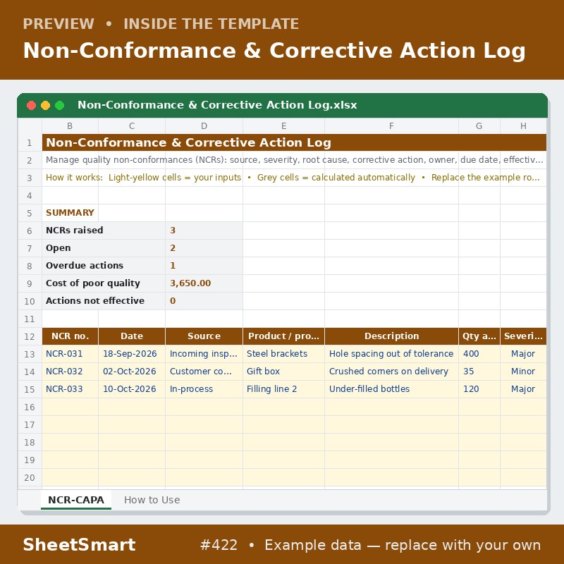 Non-Conformance & Corrective Action Log – sheet preview