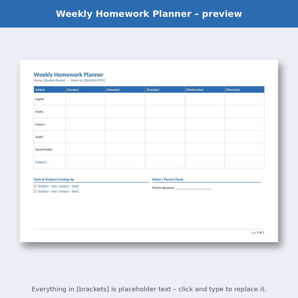 Weekly Homework Planner – preview
