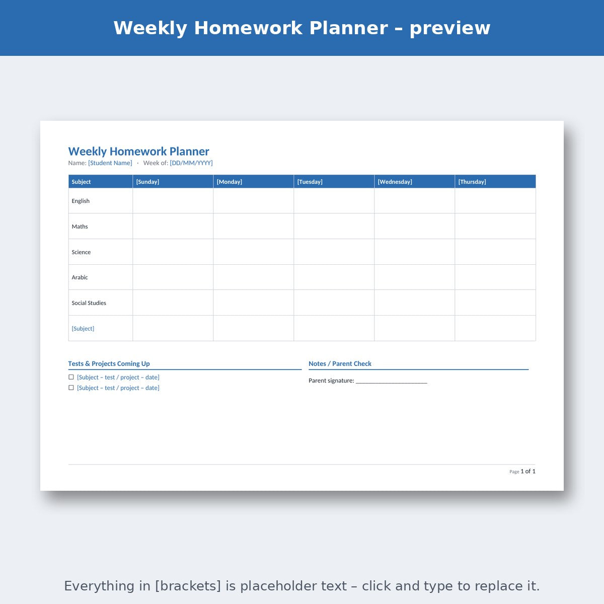 Weekly Homework Planner – preview