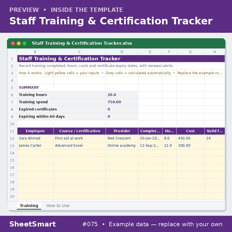 Staff Training & Certification Tracker – sheet preview