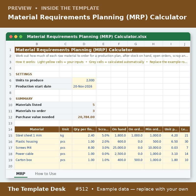 Material Requirements Planning (MRP) Calculator – sheet preview