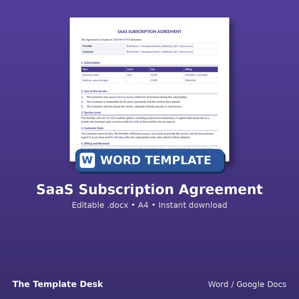SaaS Subscription Agreement – cover