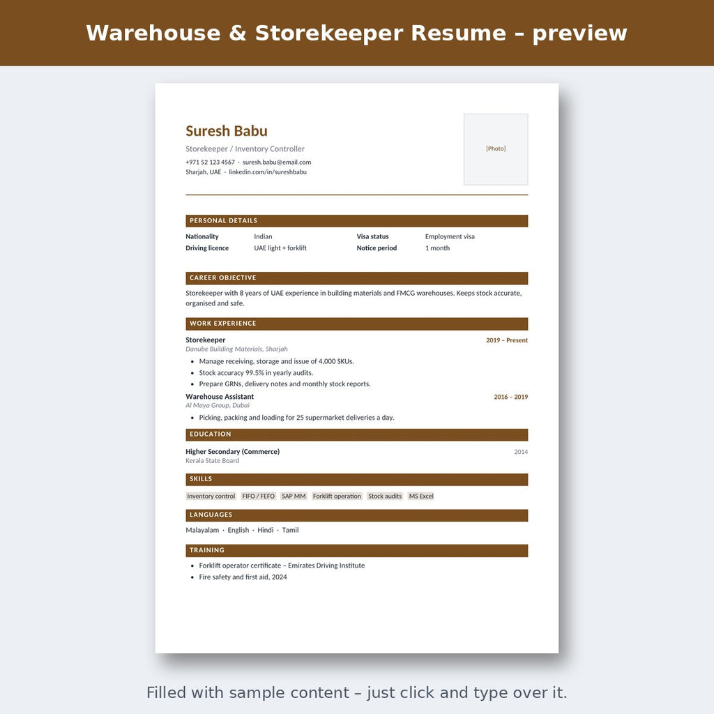 Warehouse & Storekeeper Resume – preview