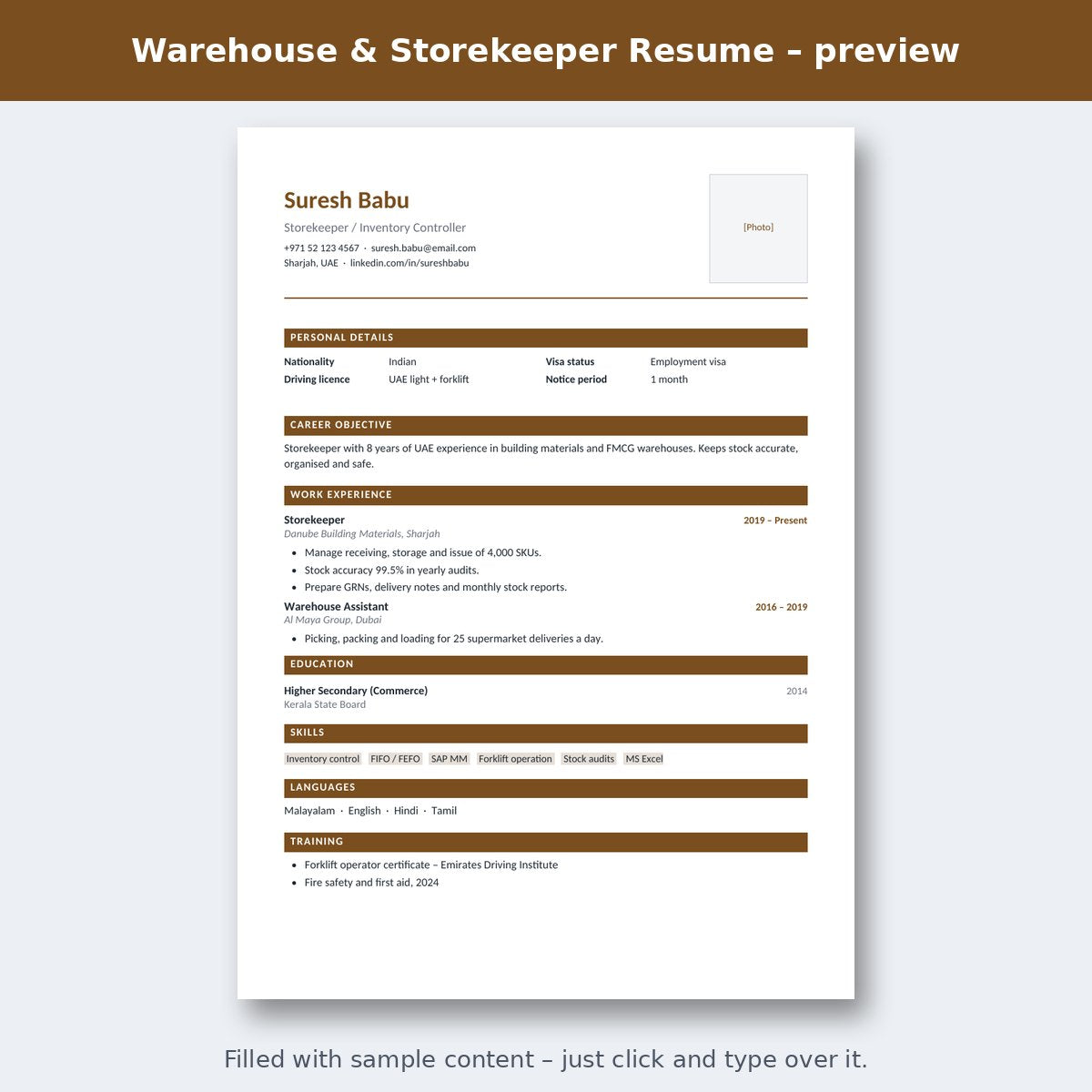 Warehouse & Storekeeper Resume – preview