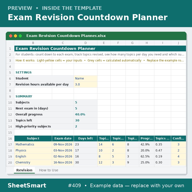 Exam Revision Countdown Planner – sheet preview