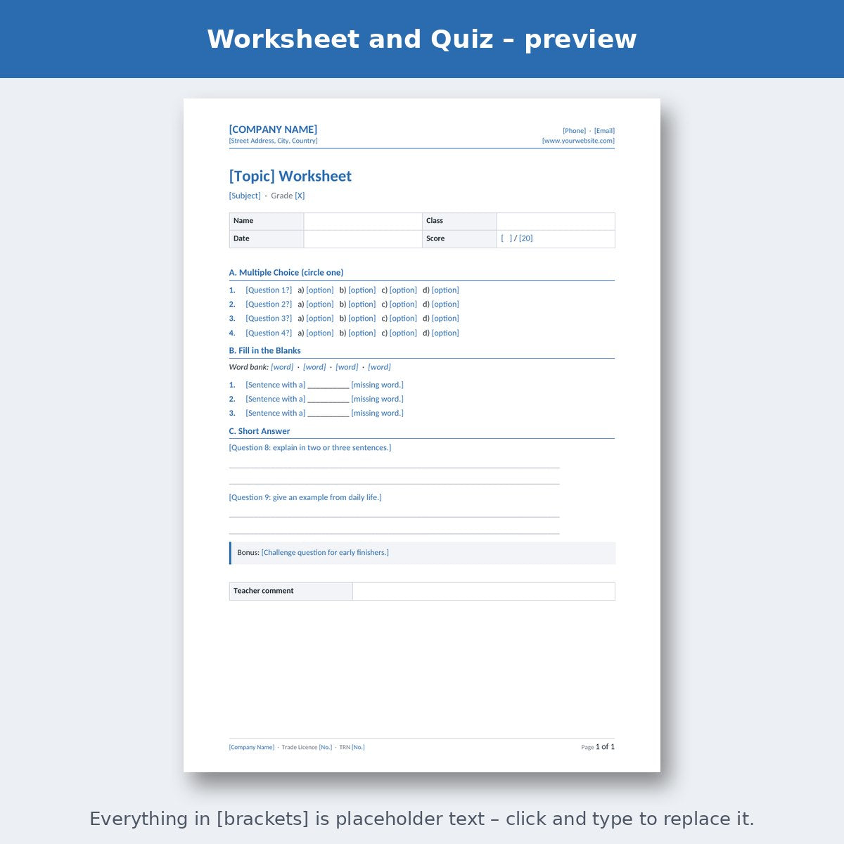 Worksheet and Quiz – preview