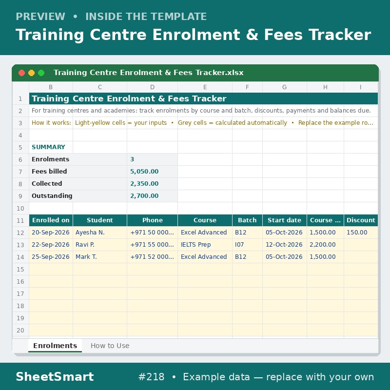 Training Centre Enrolment & Fees Tracker – sheet preview