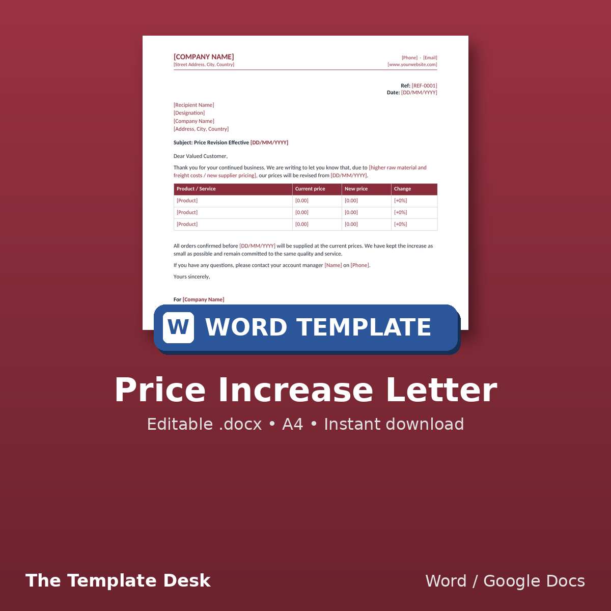 Price Increase Letter – cover