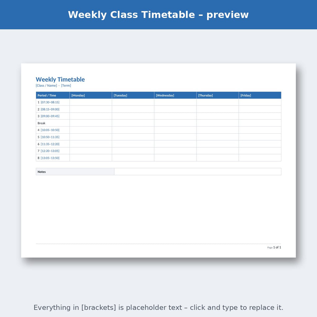 Weekly Class Timetable – preview