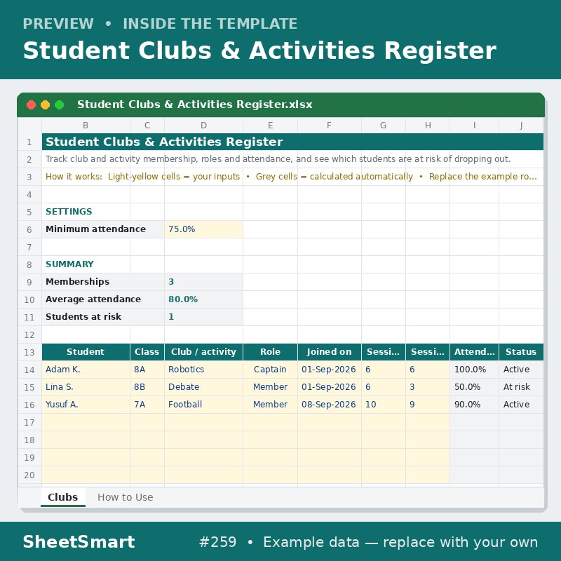 Student Clubs & Activities Register – sheet preview