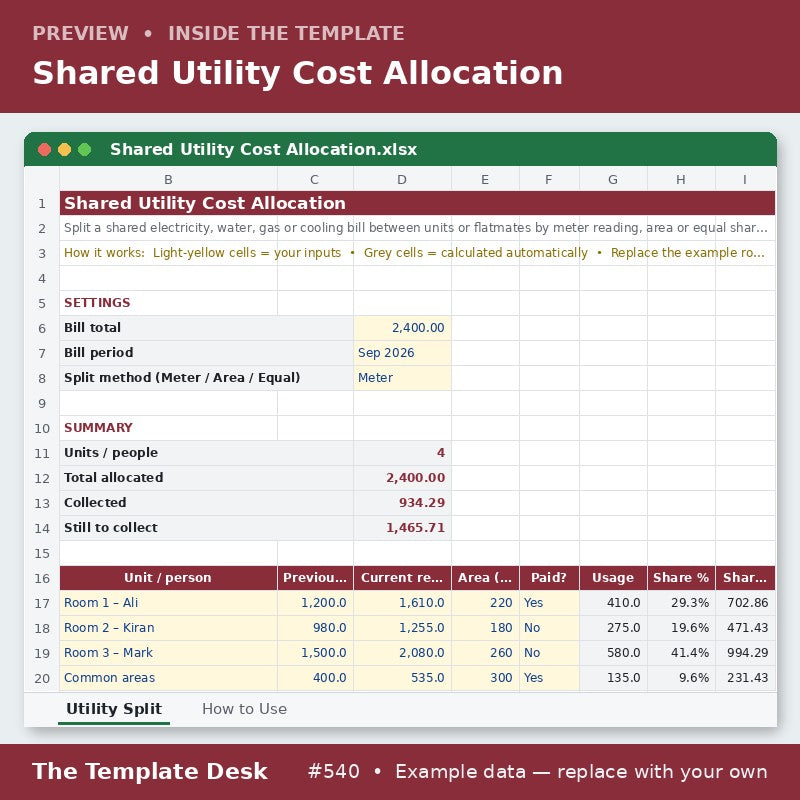 Shared Utility Cost Allocation – sheet preview