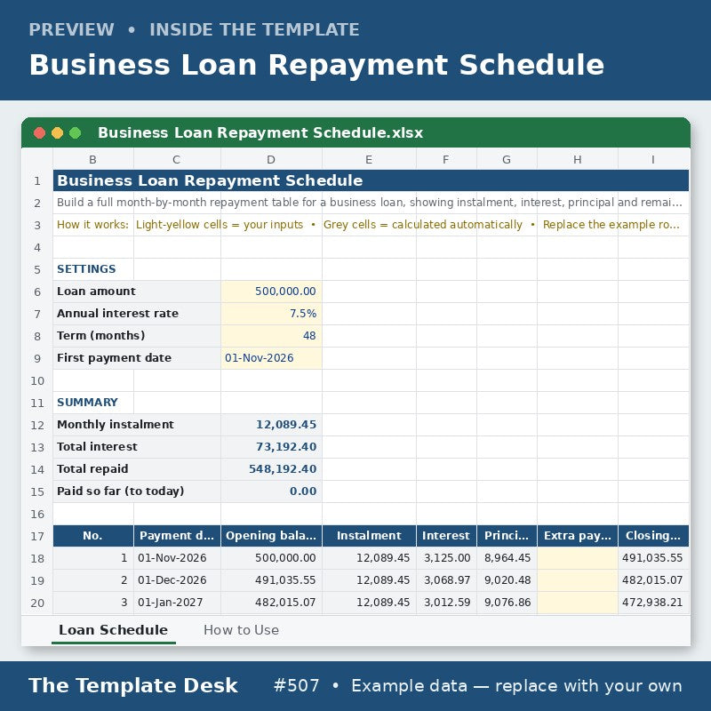 Business Loan Repayment Schedule – sheet preview
