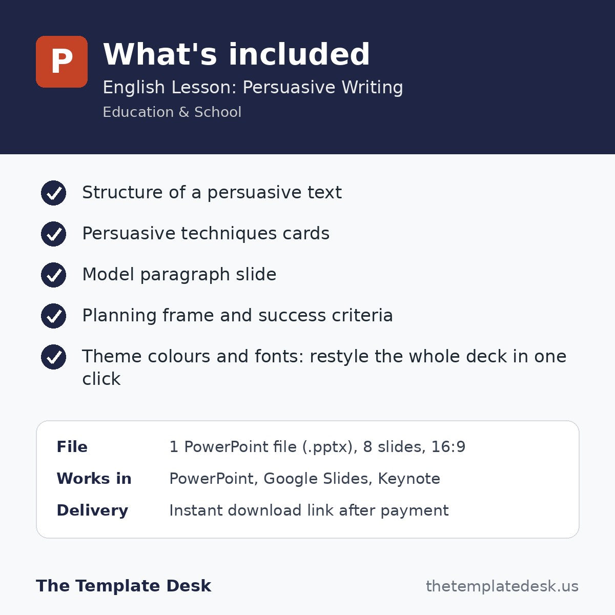 English Lesson: Persuasive Writing – what's included