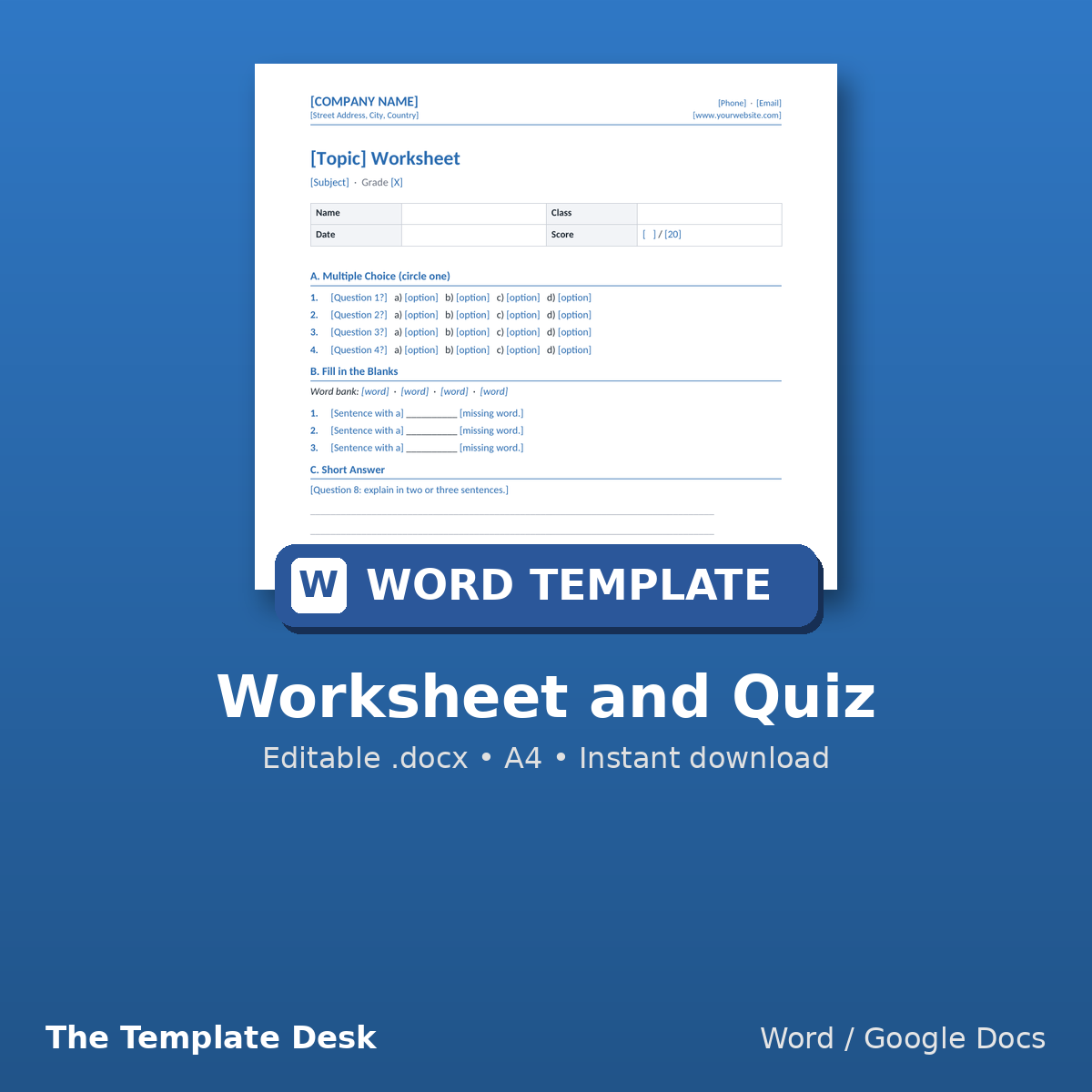 Worksheet and Quiz – cover