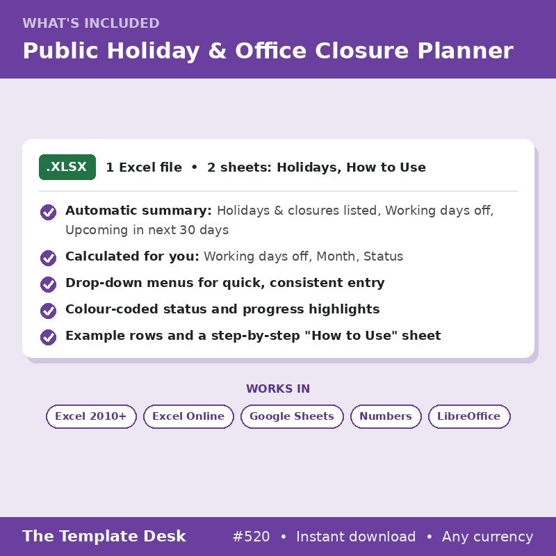 Public Holiday & Office Closure Planner – what's included