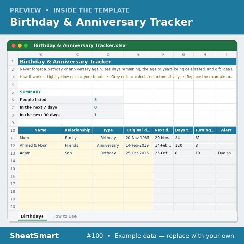 Birthday & Anniversary Tracker – sheet preview