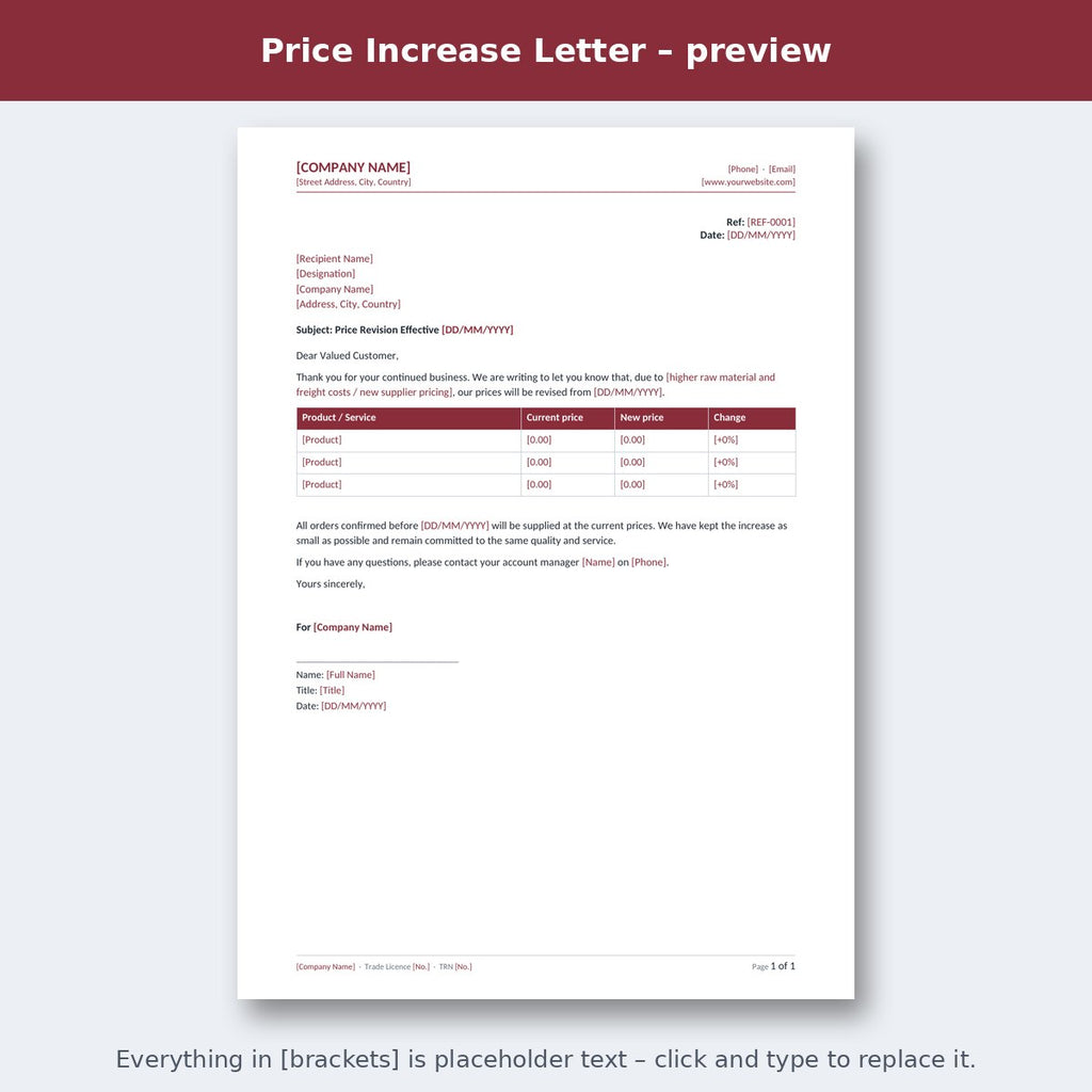 Price Increase Letter – preview