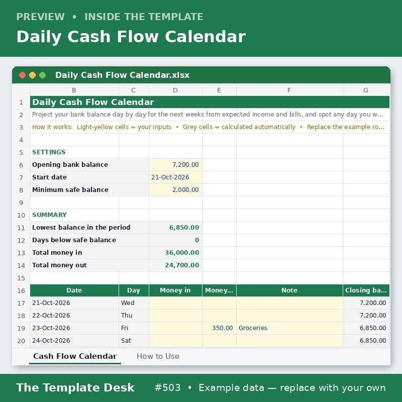 Daily Cash Flow Calendar – sheet preview