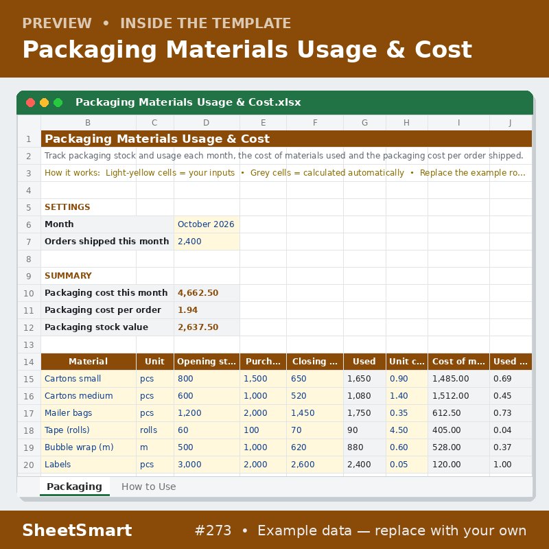Packaging Materials Usage & Cost – sheet preview