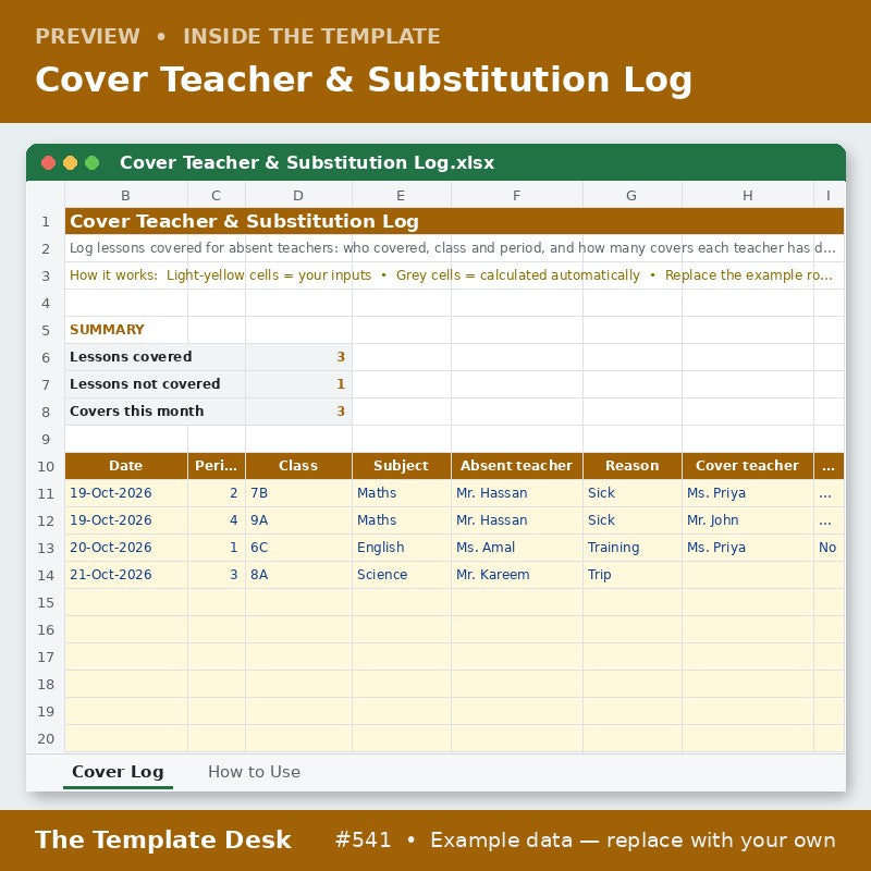 Cover Teacher & Substitution Log – sheet preview