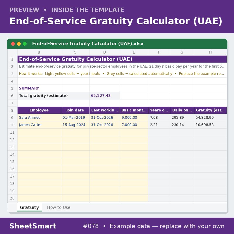 End-of-Service Gratuity Calculator (UAE) – sheet preview